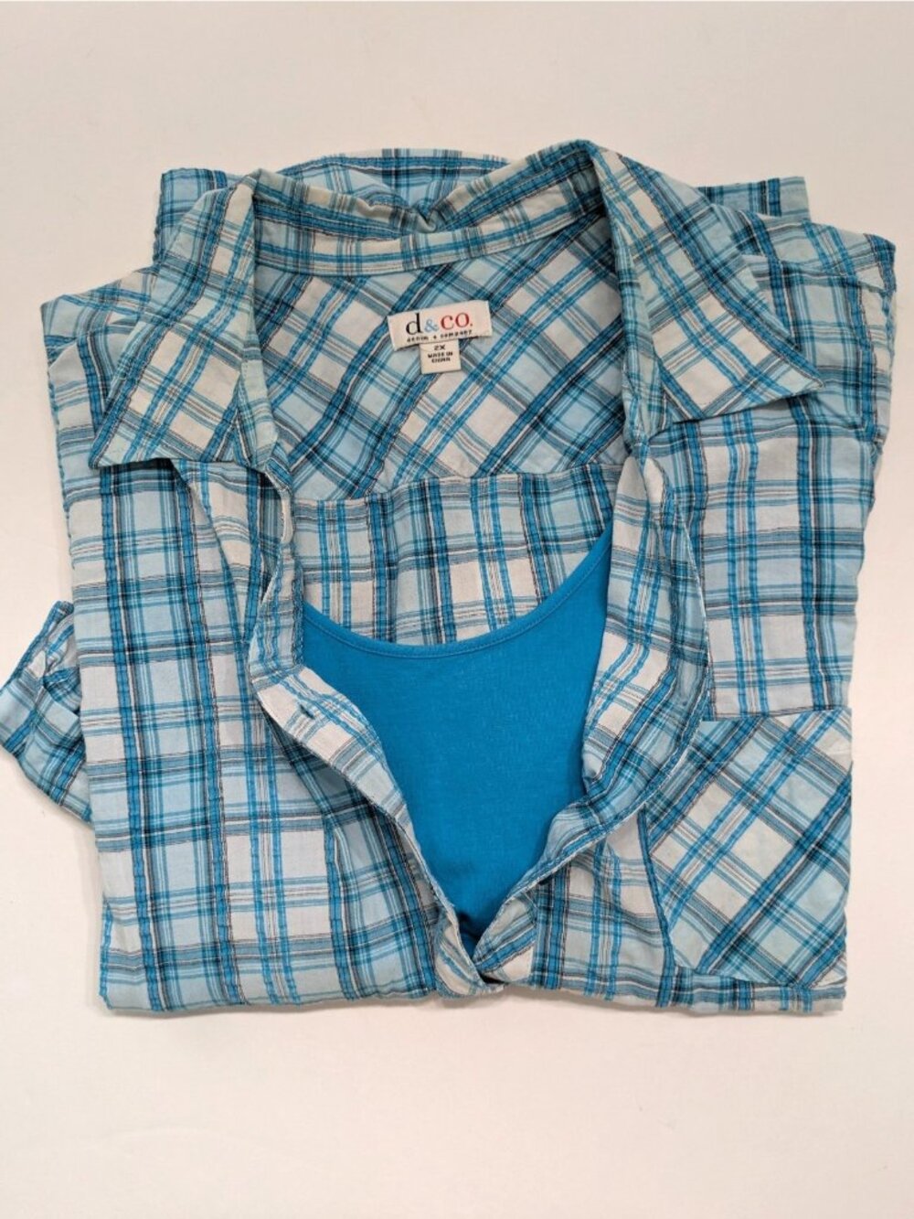 2 Pc Denim & Co Blue Plaid Button Up Blouse and Tank Top Size 2X